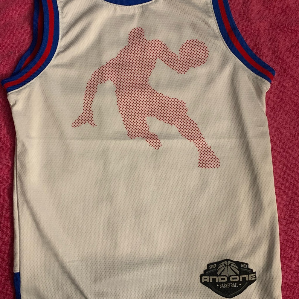 AND1 White Jersey with Red and Blue Accents